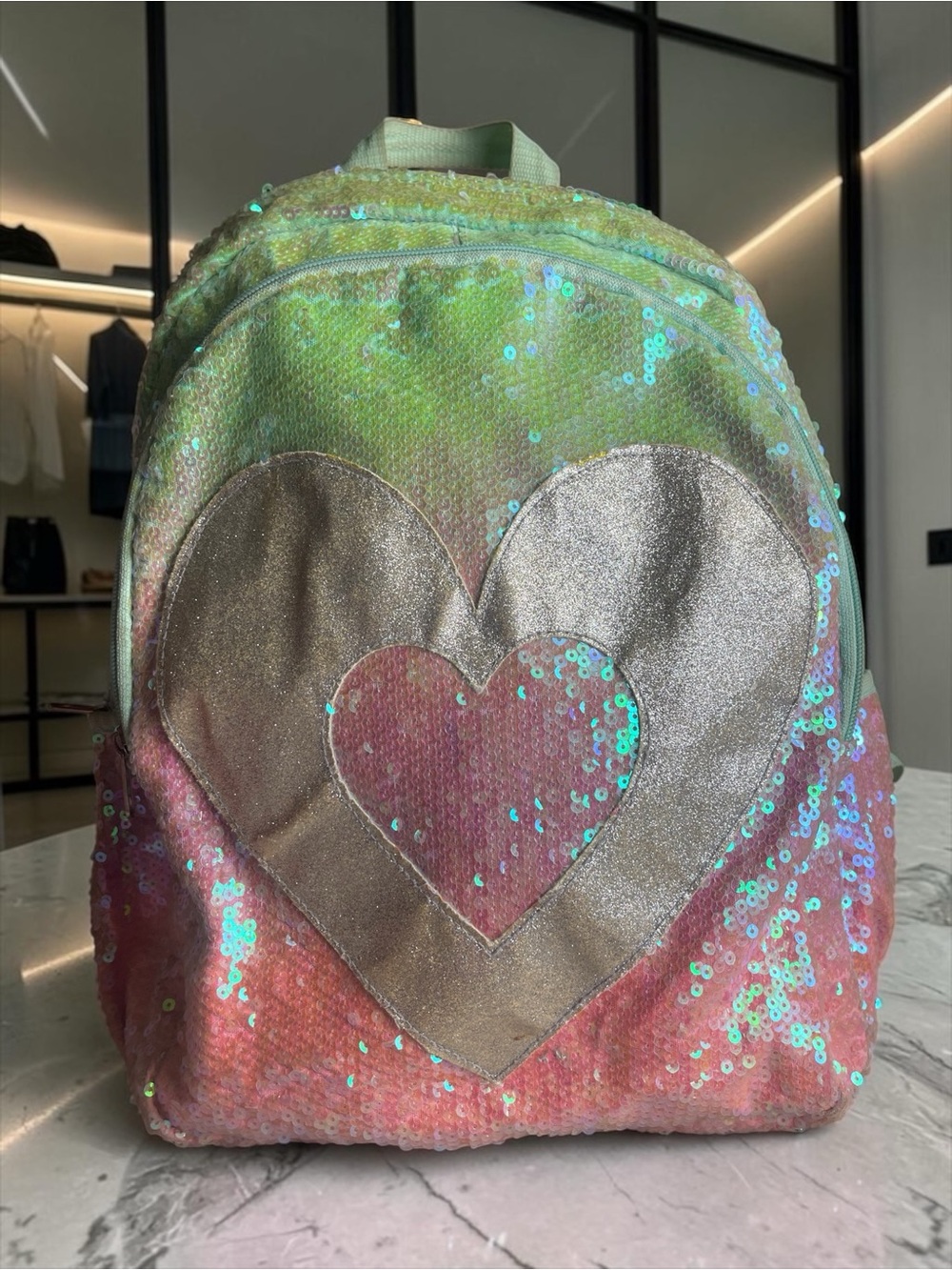 Justice Sequin Heart Backpack in Pastel Green, Pink and Coral
